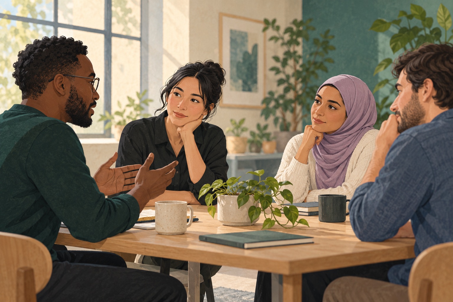 Illustration of coworkers listening to each other during a group conversation