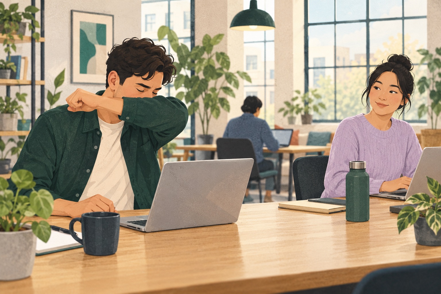 Illustration of a person coughing into their elbow in a shared workplace