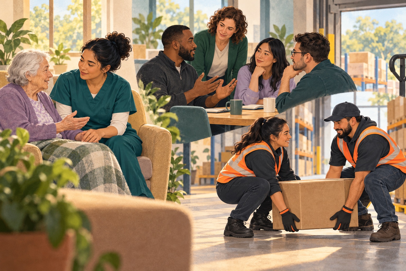 Illustration of healthcare, workplace conversation, and safe lifting course topics