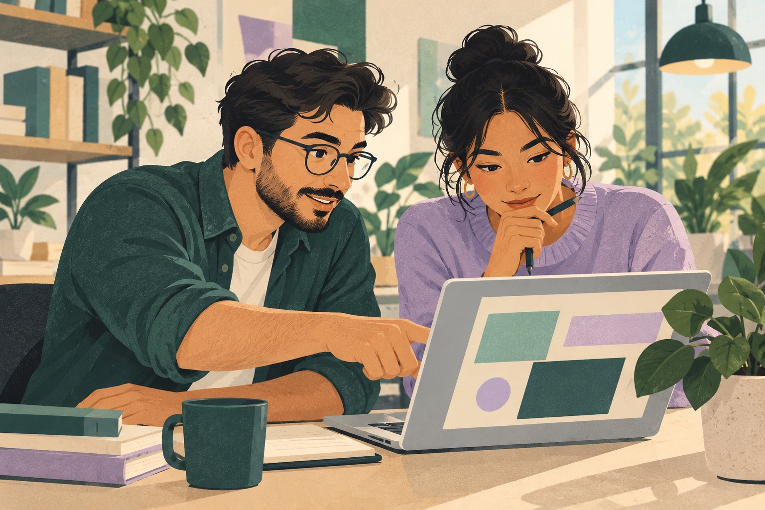 Illustration of coworkers working through a marketing quiz together