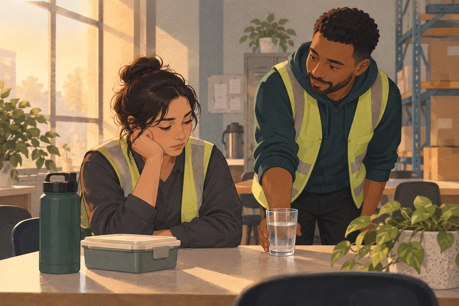 Illustration of a tired warehouse employee receiving support from a coworker